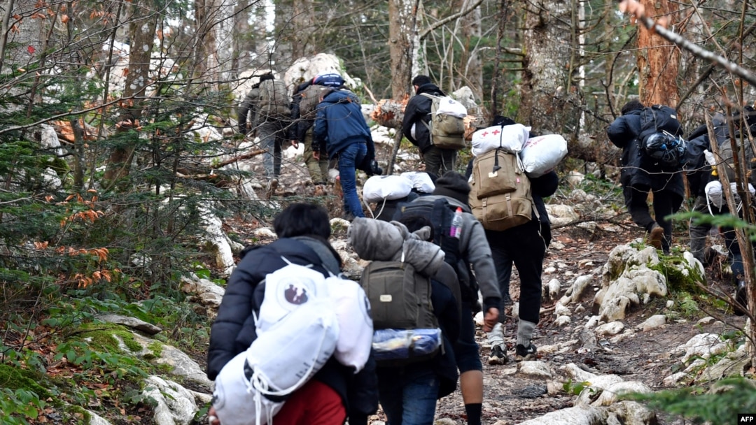 Migranti hodaju šumskom stazom prema hrvatskoj granici, nakon što su 8. decembra 2019. napustili improvizovani kamp "Vučjak", na periferiji grada Bihaća u BiH.