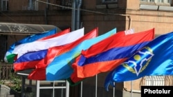 Armenia - Flags of the CSTO and its member states fly during a CSTO summit in Yerevan, November 23, 2022.
