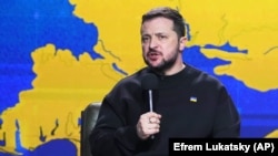 Президент України Володимир Зеленський під час підсумкової річної пресконференції. Київ, 19 грудня 2023 року