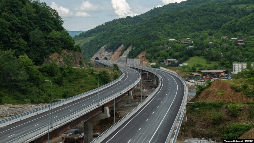 A stretch of road cuts through the Rikoti Pass in central Georgia. The entire 51.6-kilometer, Chinese-built highway project consists of 96 bridges and 53 tunnels, and cost nearly $1 billion.