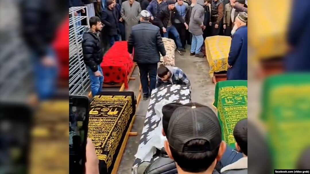 The February 28 funeral ceremony for a family of six who died of carbon monoxide poisoning in the Tajik capital.