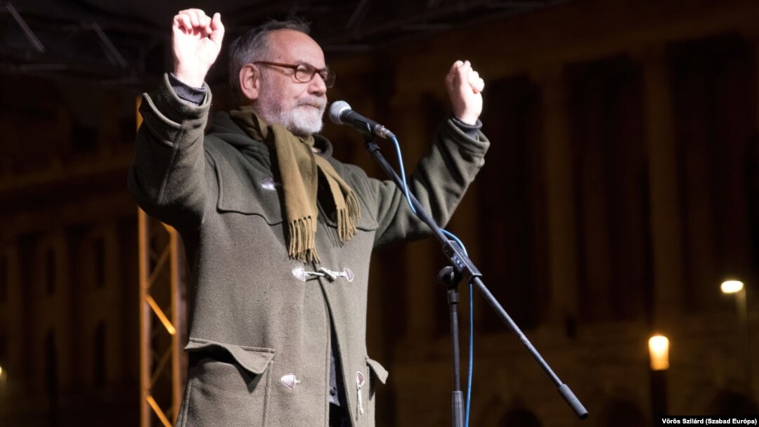 Gaspar Miklos Tamas speaks at a rally in 2018.