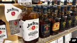 Bottles of Jim Bean Bourbon whiskey made in the United States are shown on display at a liquor store