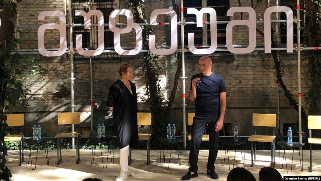 Georgian-born billionaire businessman Shalva Breus speaks at the site of his sweeping projected art center at St. Mikheil's Hospital in Tbilisi on July 7.