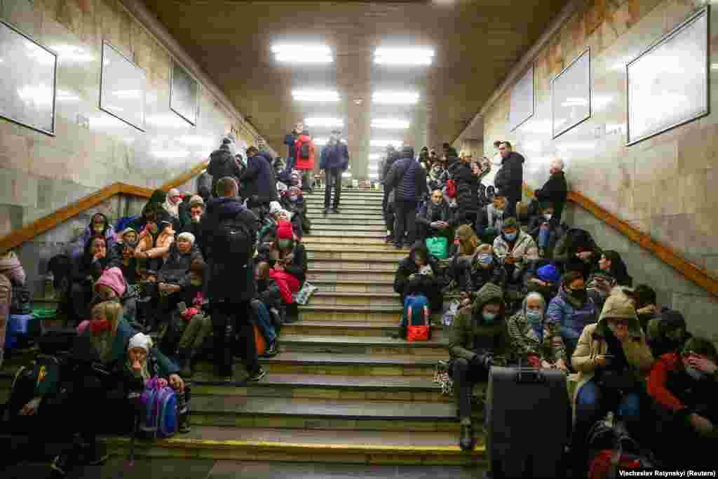 Civilians take shelter in the Kyiv subway. The subterranean railway has some of the deepest stations in the world with one located more than 100 meters underground. 