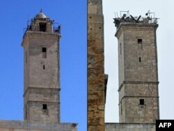 Fotografije lijevo munare džamije unutar citadele u Alepu koja je pod zaštitom UNESCO-a načinjena je 3. jula 2016., a fotografije desno prikazuje oštećenja na munari nakon potresa 6. februara 2023.