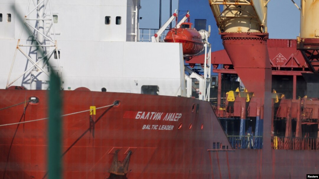 The Russian cargo ship Baltic Leader, which belongs to a company targeted by European Union sanctions, is seen after it was diverted to the port of Boulogne-sur-Mer, France.