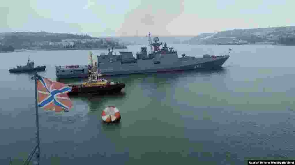 The Russian Navy frigate Admiral Essen takes part in drills on the Black Sea off the Russian mainland on January 26. 