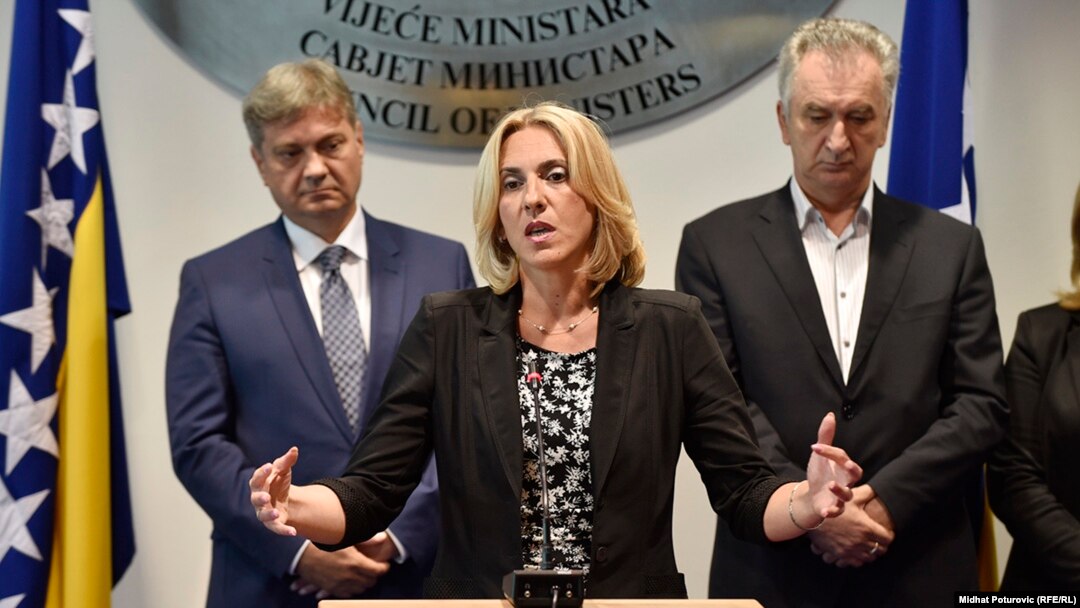 Denis Zvizdić, Željka Cvijanović i Mirko Šarović na konferenciji za medije nakon sastanka o Mehanizmu koordinacije 