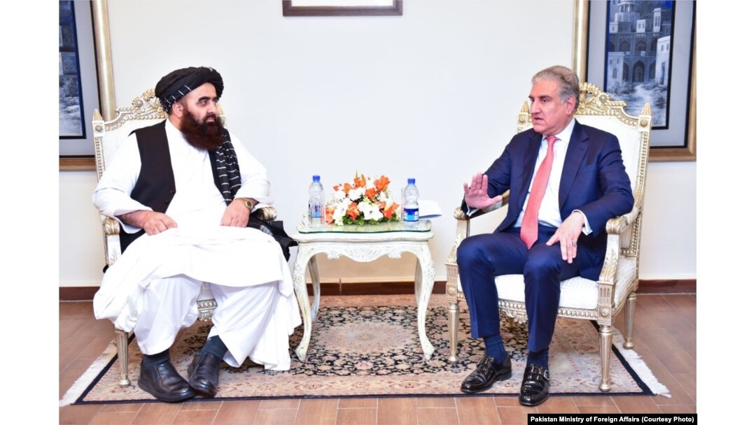 Taliban Foreign Minister Amir Khan Muttaqi meets with Pakistan’s Foreign Minister Shah Mehmood Qureshi in Islamabad in December.