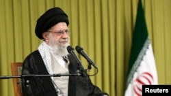 Iran's Supreme Leader Ayatollah Ali Khamenei speaks during a meeting with a group of teachers in Tehran, Iran, May 17, 2025.