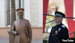 Міністар унутраных спраў Ігар Шуневіч (справа) і помнік гарадавому ў Менску