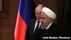 پوتین و روحانی در نشست مشترک با رئیس‌جمهور ترکیه در آنکارا در آوریل ۲۰۱۸