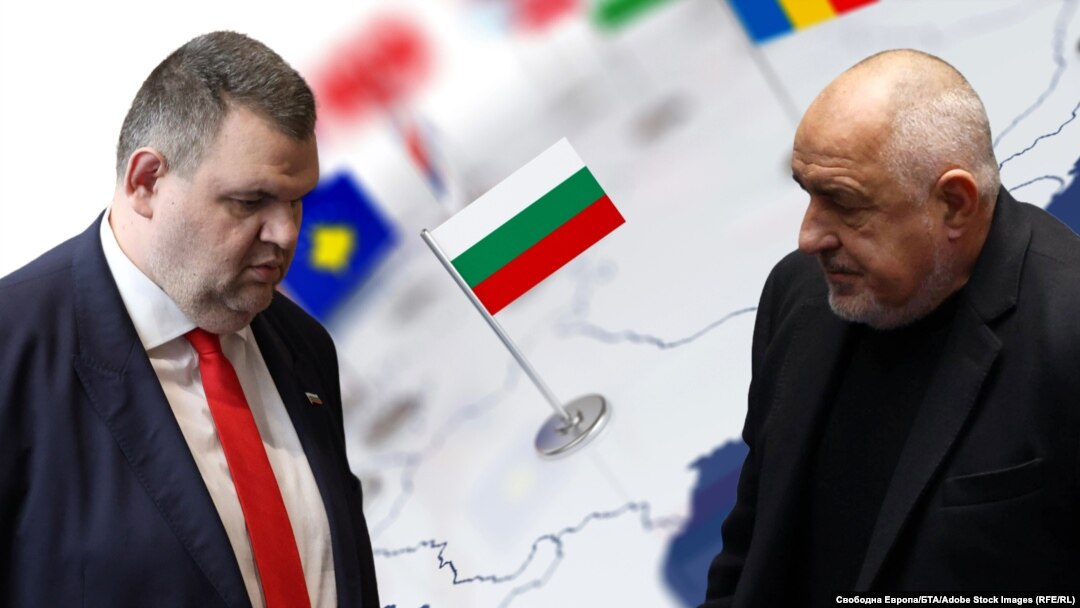Делян Пеевски от ДПС-НН и Бойко Борисов от ГЕРБ на фона на българския флаг.