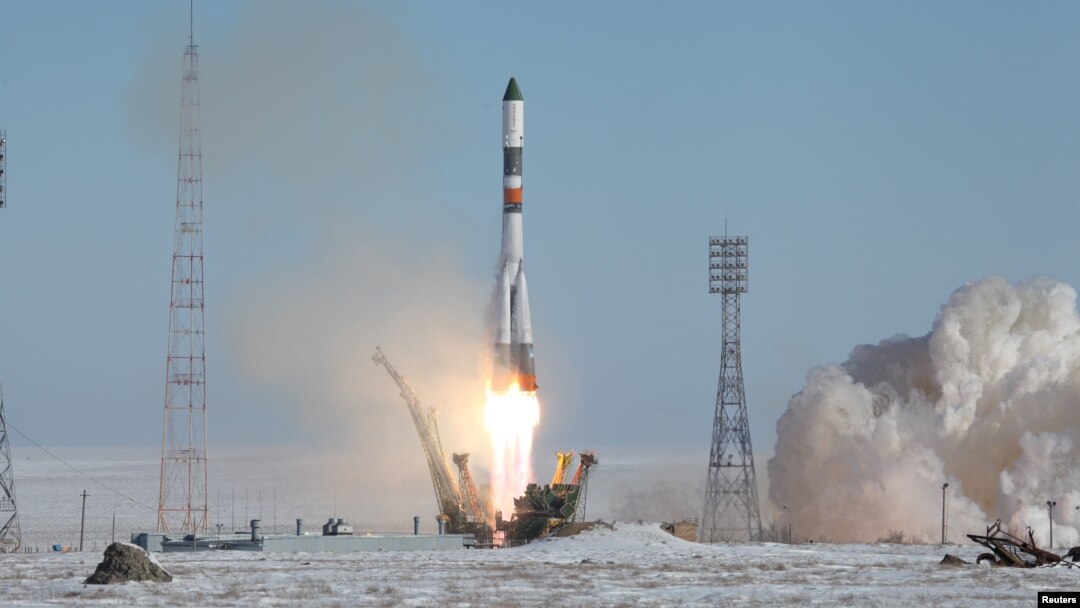 A Russian Soyuz booster rocket, carrying the Progress cargo space craft, blasts off for the International Space Station from the Baikonur cosmodrome in February 2017.