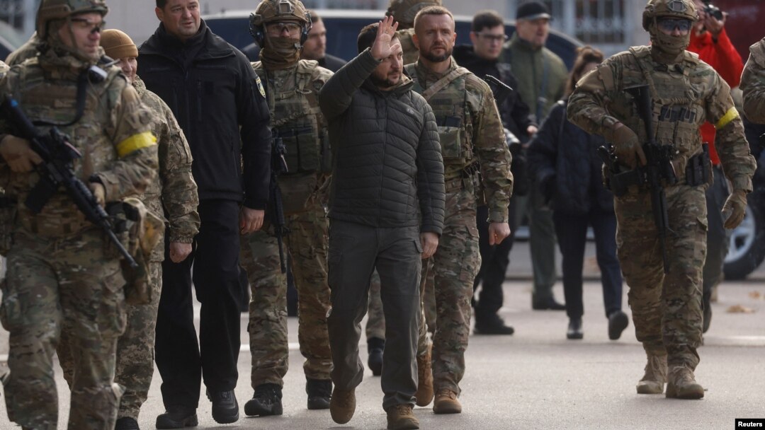 Predsednik Ukrajine Volodimir Zelenski u centru Hersona nakon oslobođenja, 14. novembar 2022. 