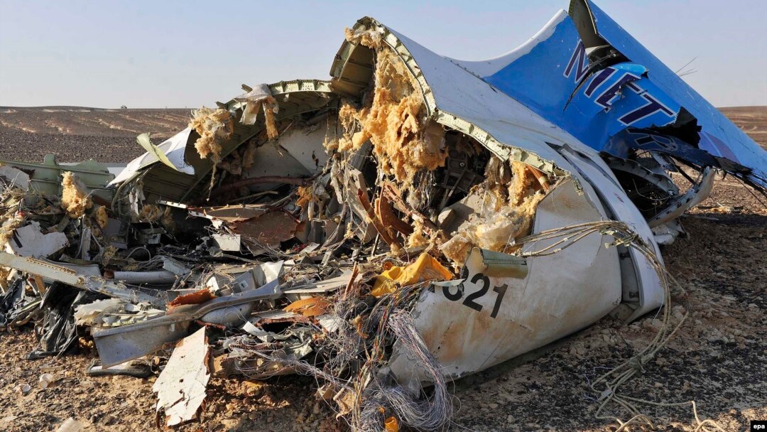 Debris from the Russian airliner that crashed on Egypt's Sinai Peninsula lies strewn across a wide area.