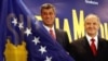 Premijer i predsednik Kosova Hašim Tači i Fatmir Sejdiu sa novom kosovskom zastavom nakon proglašenja nezavisnosti Kosova, 17. februara 2008.