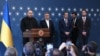 Ukrainian Defense Minister Rustem Umerov (left), who headed the delegation, is joined by Deputy Foreign Minister Serhiy Kyslytsya (second left) and delegation member Oleksandr Bevz (right) at a press conference in Istanbul on June 2. 