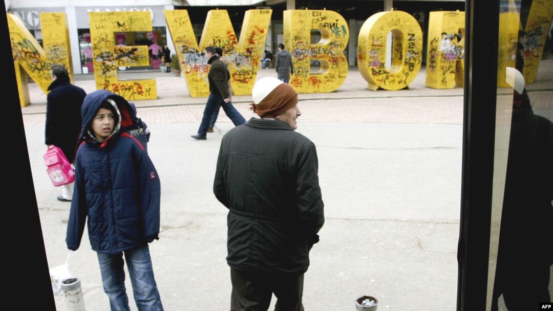 The "NEWBORN" monument in Pristina marks the day Kosovo declared independence on February 17, 2008.