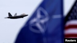 Майорять прапори НАТО та США, коли винищувач F-22 Raptor ВПС Сполучених Штатів пролітає над військовою авіабазою в Шяуляї, Литва, 27 квітня 2016 року