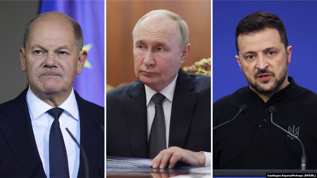 Германският канцлер Олаф Шолц, руският президент Владимир Путин и президентът на Украйна Володимир Зеленски. Колаж.