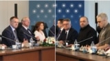 Делегації України (праворуч) та Росії (ліворуч) на другому раунді переговорів в Стамбулі 2 червня 2025 році в палаці Джираган на Босфорі (комбіноване фото)