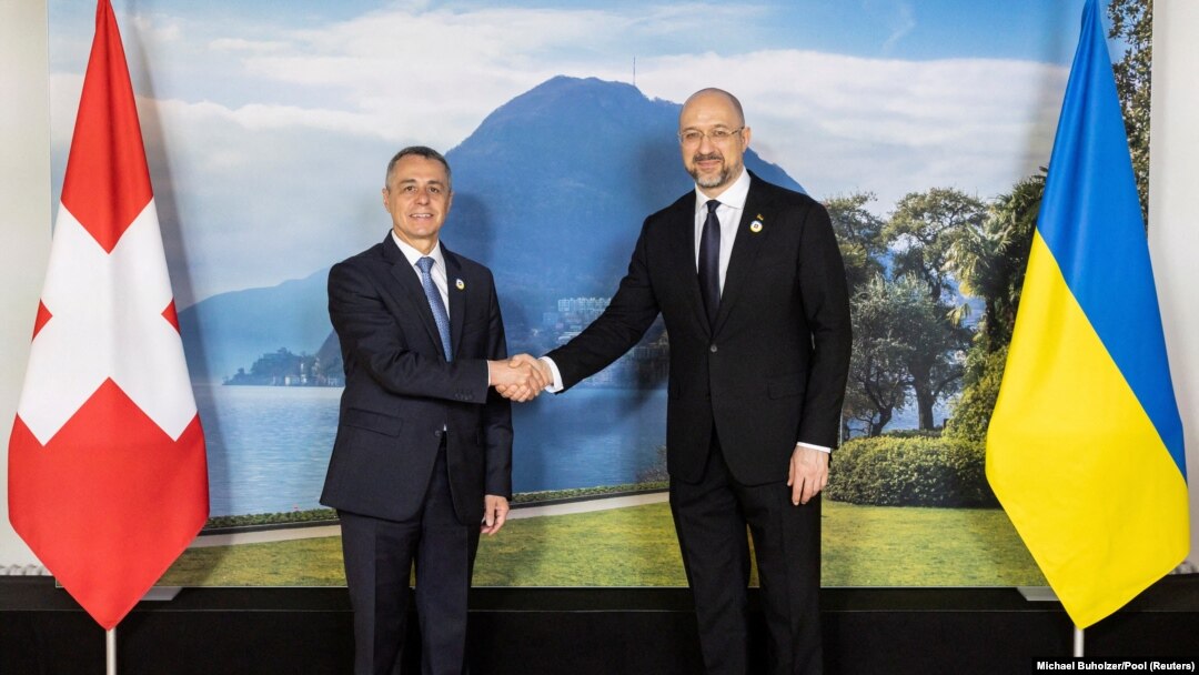 Swiss President Ignazio Cassis welcomes Ukrainian Prime Minister Denys Shmyhal to the Ukraine Recovery Conference in Lugano, Switzerland, on July 4.