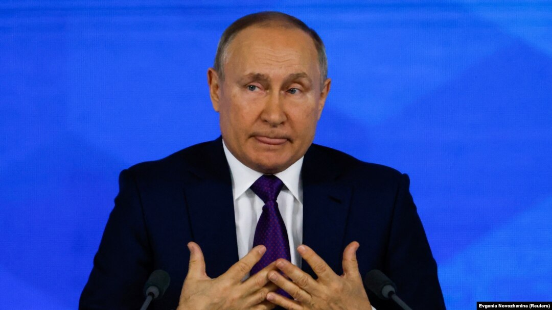 Президент Росії Володимир Путін під час підсумкової пресконференції. Москва, 23 грудня 2021 року