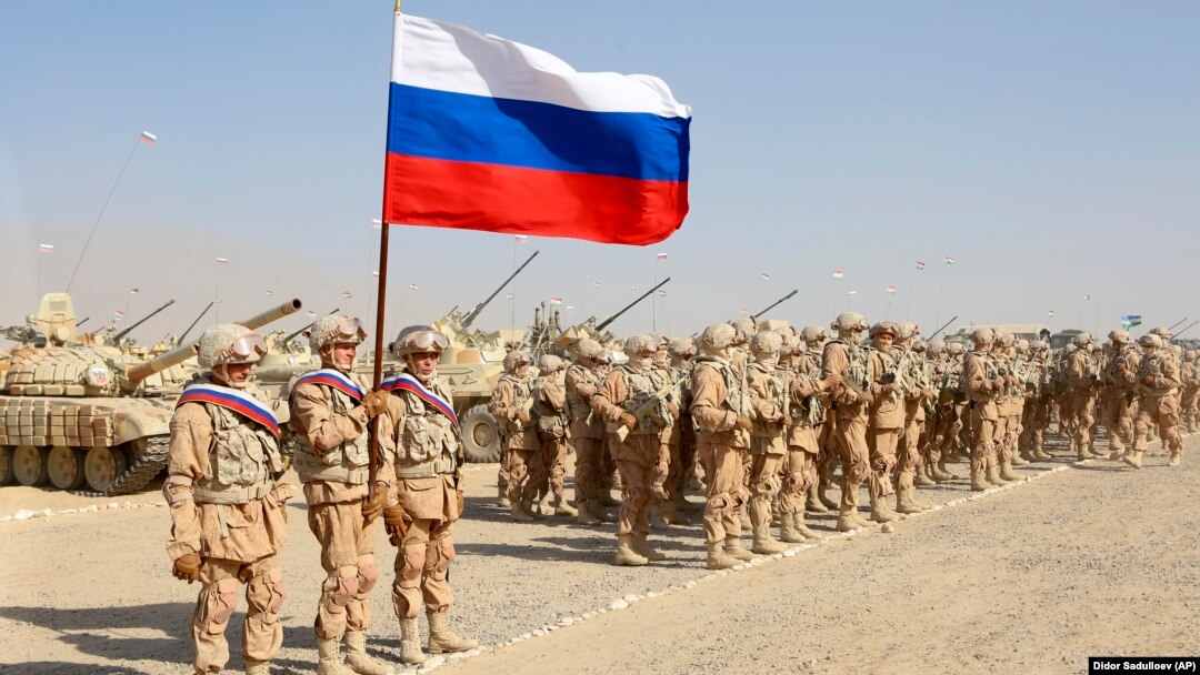 Russian troops line up before the start of joint military drills with Tajikistan and Uzbekistan north of the Tajik border with Afghanistan on August 10. 